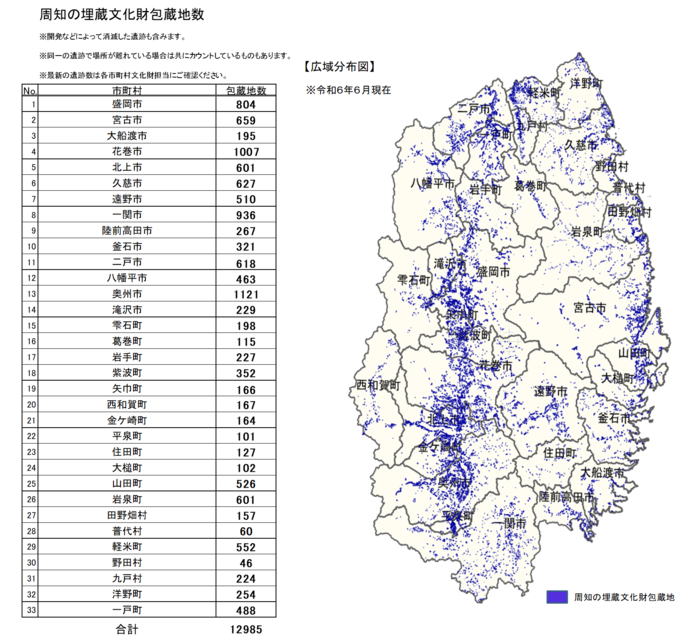 岩手県内の遺跡数と広域分布図