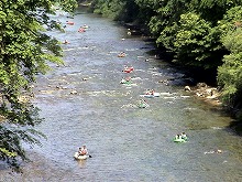 西和賀町の湯田と湯本の境の和賀川にかかる山室橋の上から見る和賀川（ボート下りの日）の景観