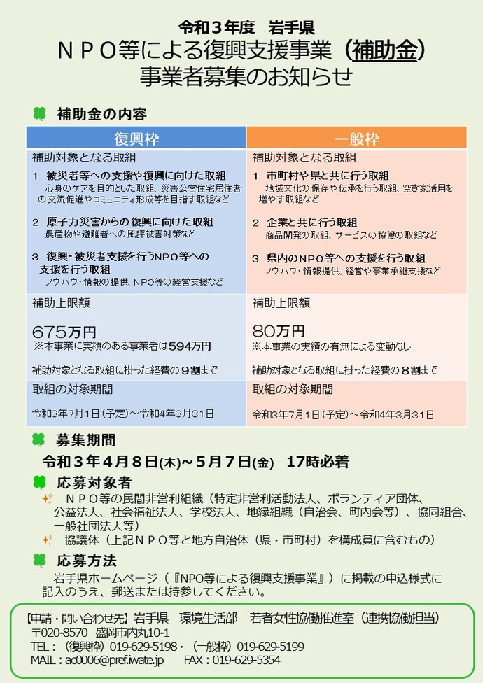 令和3年度　NPO等復興支援事業募集チラシ