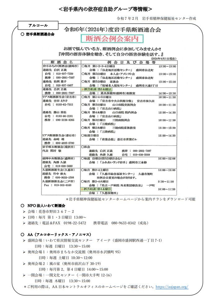 岩手県内の依存症自助グループ等情報1(R7.2更新)