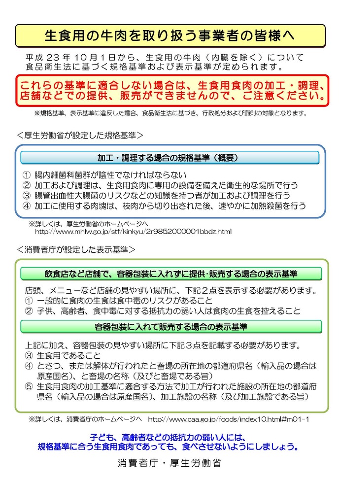 生食用の牛肉を取扱う事業者の皆様へ（消費者庁・厚生労働省による事業者向けパンフレット）