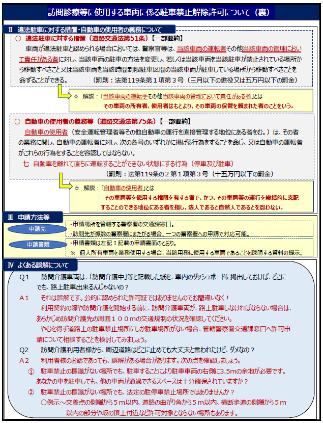 訪問診療等に使用する車両に係る駐車禁止解除許可について（裏）