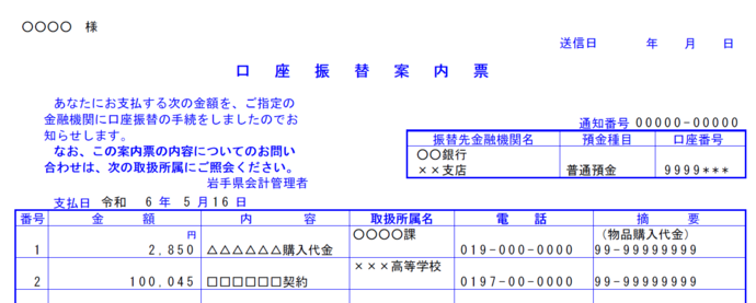 口座振替案内票例