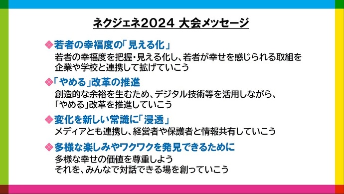 ネクジェネ2024大会メッセージ 若者の幸福度の「見える化」 若者の幸福度を把握・見える化し、若者が幸せを感じられる取組を 企業や学校と連携して拡げていこう 「やめる」改革の推進 創造的な余裕を生むため、デジタル技術等を活用しながら、 「やめる」改革を推進していこう 変化を新しい常識に「浸透」 メディアとも連携し、経営者や保護者と情報共有していこう 多様な楽しみやワクワクを発見できるために 多様な幸せの価値を尊重しよう それを、みんなで対話できる場を創っていこう