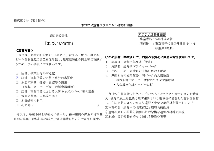 写真：木づかい宣言及び木づかい活動計画書