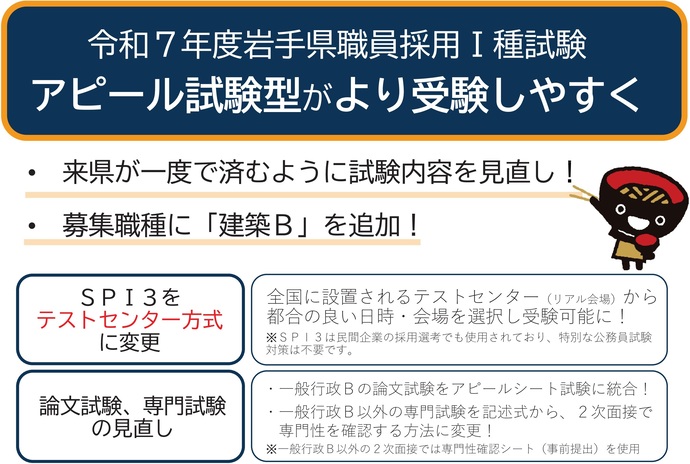 【令和7年1月22日掲載】アピール試験型がより受験しやすく！募集職種に「建築B」追加！～令和7年度岩手県職員採用1種試験