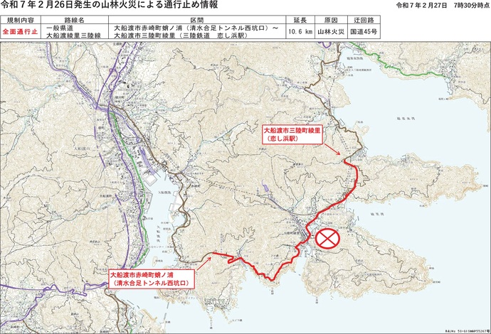 【令和7年2月27日掲載】大船渡市で発生した林野火災により、岩手県管理道路では、県道大船渡綾里三陸線の大船渡市赤崎町蛸ノ浦（清水合足トンネル西坑口）から大船渡市三陸町綾里（三陸鉄道　恋し浜駅）間の10.6kmが通行止めとなっています【27日7時30分時点】