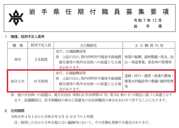 【令和7年12月26日掲載】岩手県では、総合土木職の任期付職員（令和8年4月1日採用予定）を募集しています！