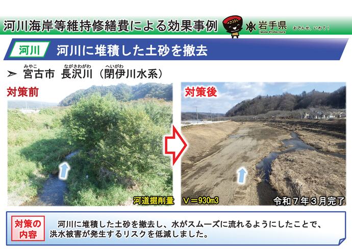 【令和7年10月29日掲載】岩手県内の河道掘削（河川の土砂撤去・浚渫）の事例を紹介します！～宮古市 長沢川（閉伊川水系）