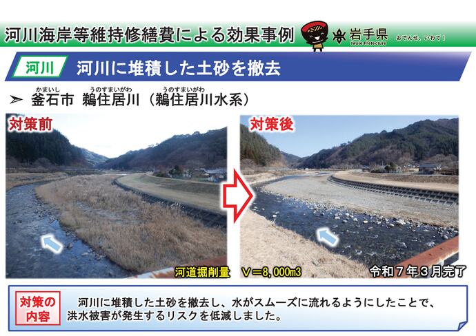 【令和7年10月23日掲載】岩手県内の河道掘削（河川の土砂撤去・浚渫）の事例を紹介します！～釜石市 鵜住居川（鵜住居川水系）