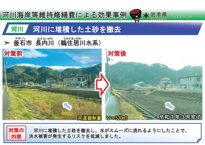 【令和7年11月20日掲載】岩手県内の河道掘削（河川の土砂撤去・浚渫）の事例を紹介します！～釜石市 長内川（鵜住居川水系）