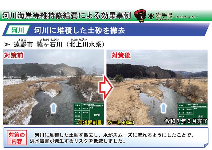 【令和7年11月14日掲載】岩手県内の河道掘削（河川の土砂撤去・浚渫）の事例を紹介します！～遠野市 猿ヶ石川（北上川水系）