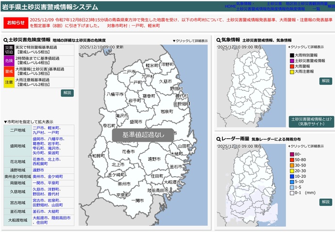 【令和7年12月10日掲載】青森県東方沖の地震に伴い、軽米町と一戸町では土砂災害警戒情報発表基準が通常の8割に引き下げられた暫定基準で運用されています