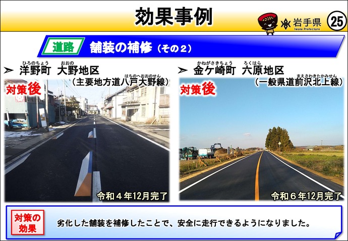 【令和8年8月24日掲載】岩手県の強靱化の取組を紹介！  洋野町の大野地区で、道路の舗装の補修をしました。