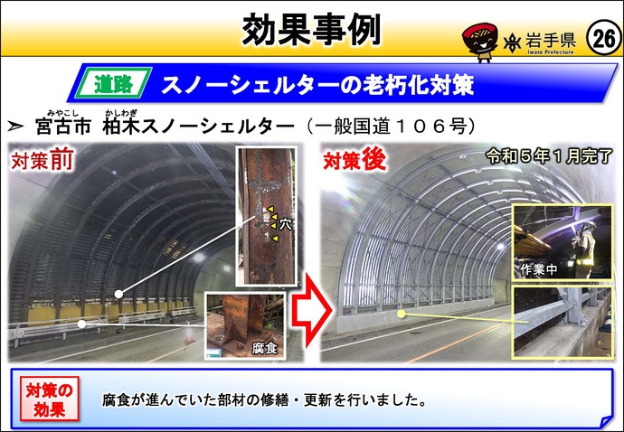 【令和8年8月25日掲載】岩手県の強靱化の取組を紹介！  宮古市の柏木スノーシェルターの老巧化対策を行いました。